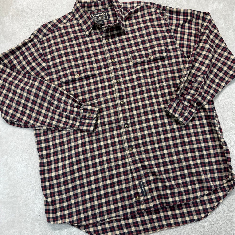 VTG Abercrombie Fitch Shirt‎ Mens L Red Plaid Wool Blend Flannel Button Down Y2K